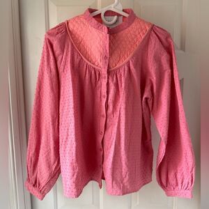 The Shirt Rochelle Behrens Women Sze XS Textured Quilt‎ Bib Button Up Shirt Pink